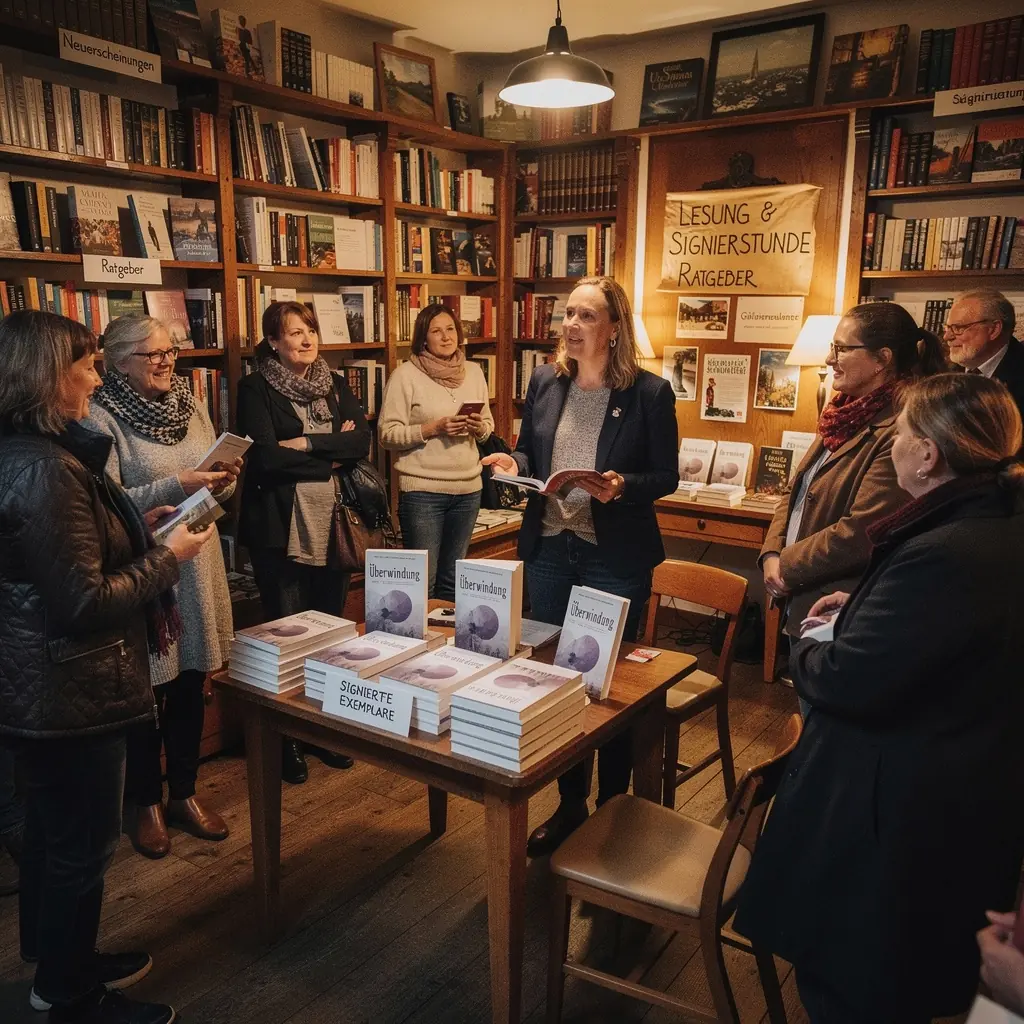 Ein Stapel von Selbsthilfebüchern auf einem Tisch, umgeben von Pflanzen.