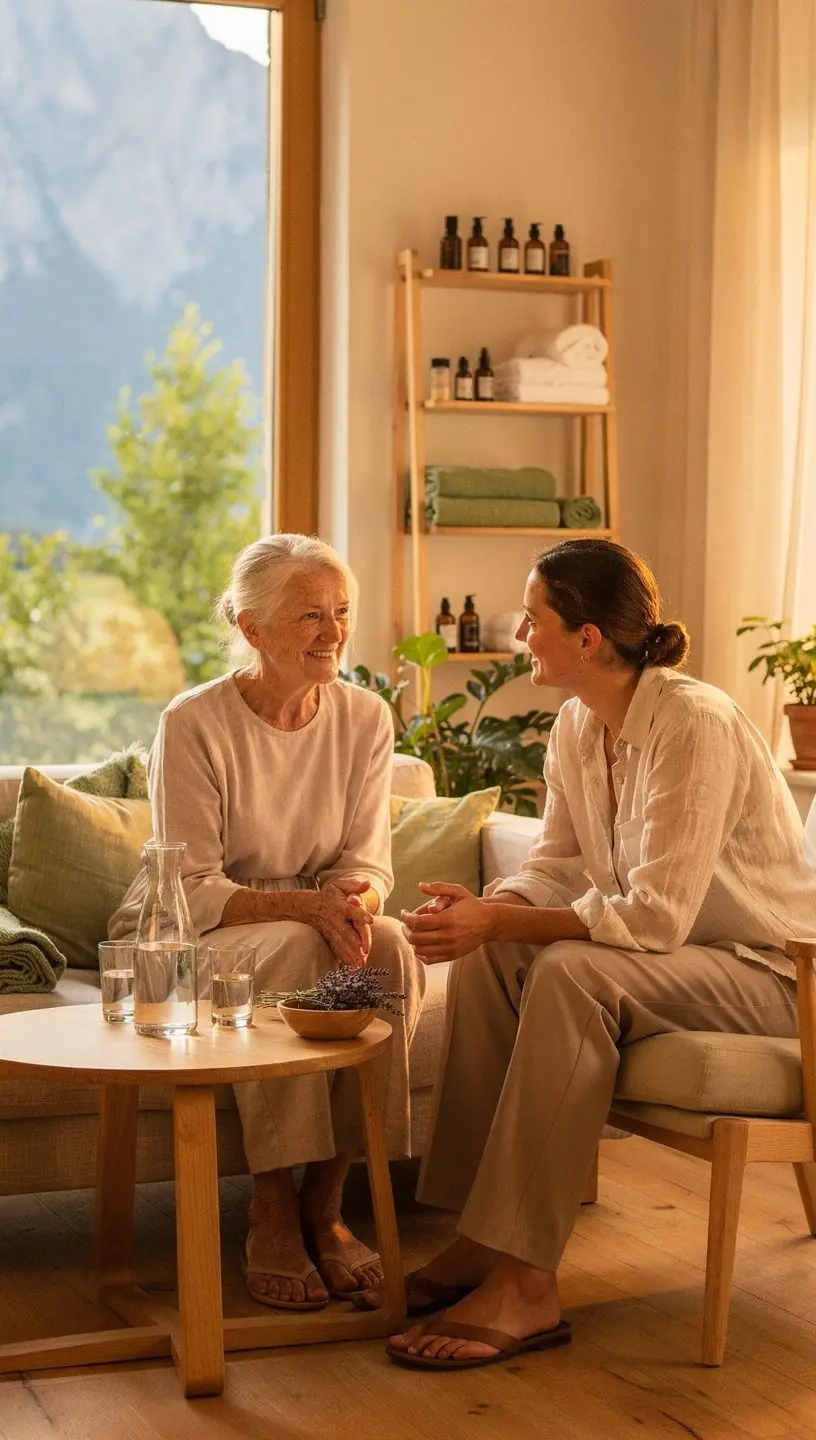 Ein Stapel von Selbsthilfe-BГјchern auf einem Tisch, umgeben von Pflanzen und einer Tasse Tee.